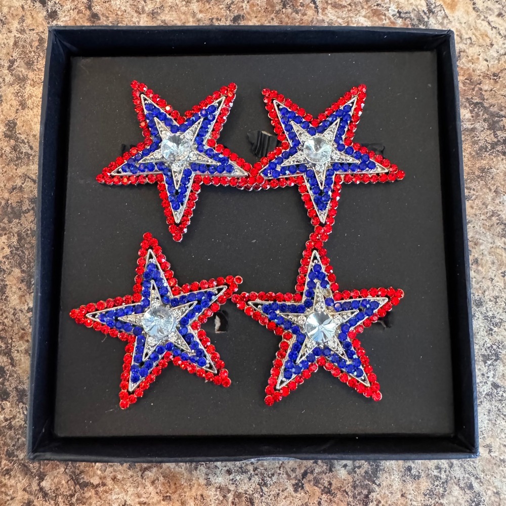 Storehouse Americana Rhinestone Star Napkin Rings‎ Red White Blue Set of 4 Sz OS